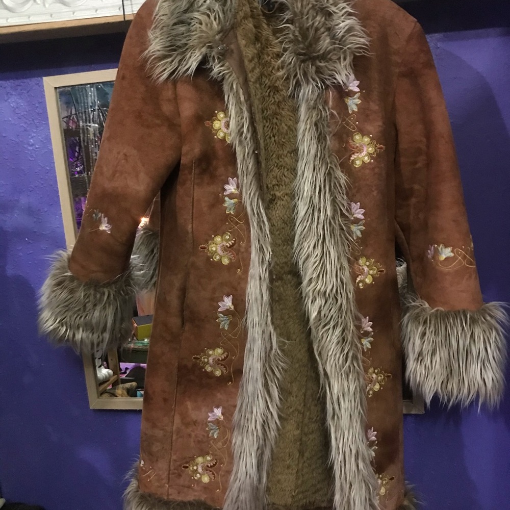 Penny Lane 70s Inspired faux fur trim embroider Afghan shearling suede coat